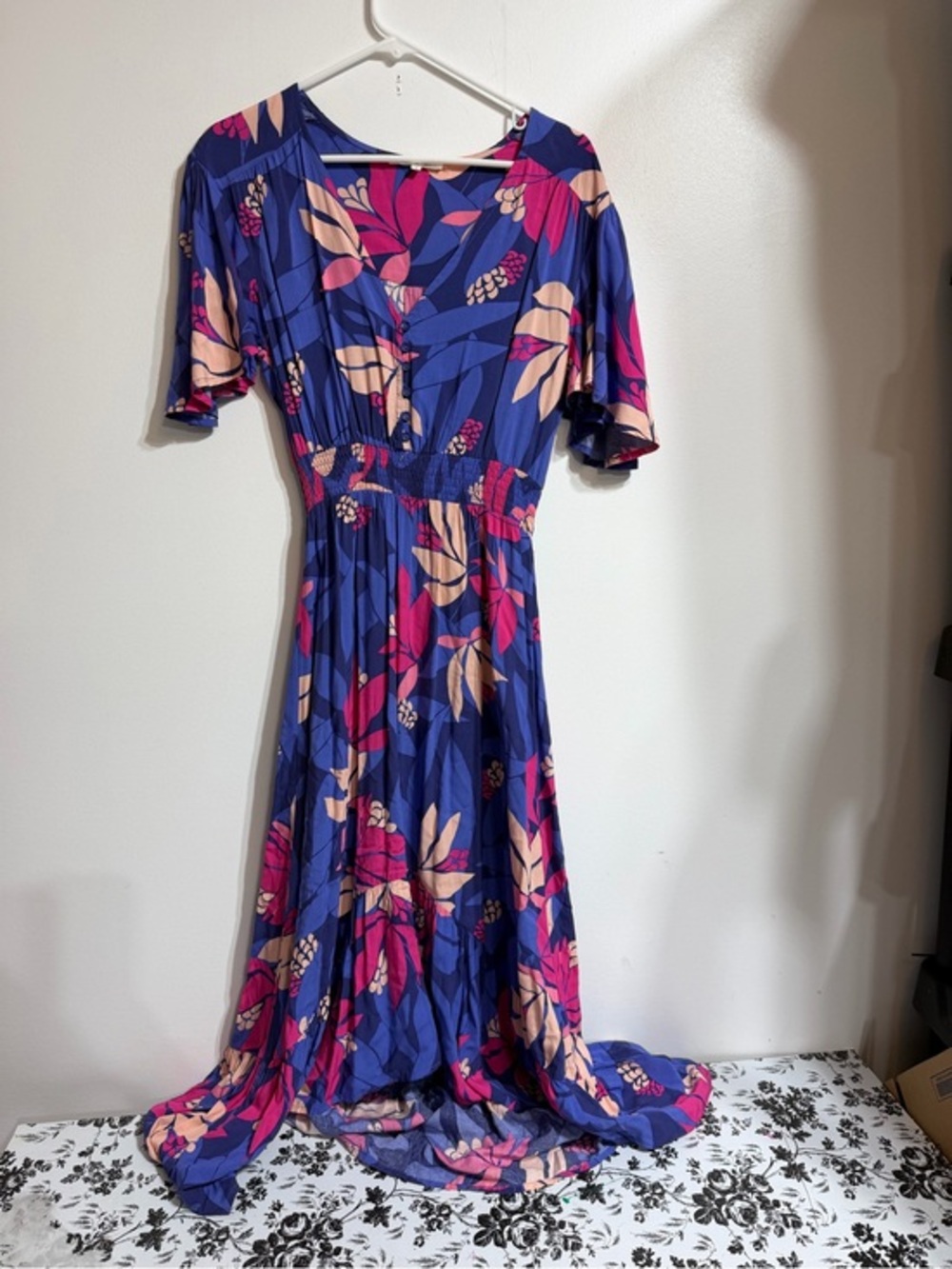 Abel The Label Blue Floral Tropical High Low Maxi Dress Size S